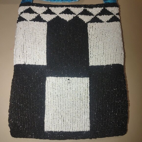 India Handcrafted Christiana Bead Crossbody Bag Black White Geometric Pattern Bl - Picture 5 of 14
